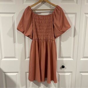 LuLaRoe Dusty Coral Smocked Puff Sleeve Dress Size L